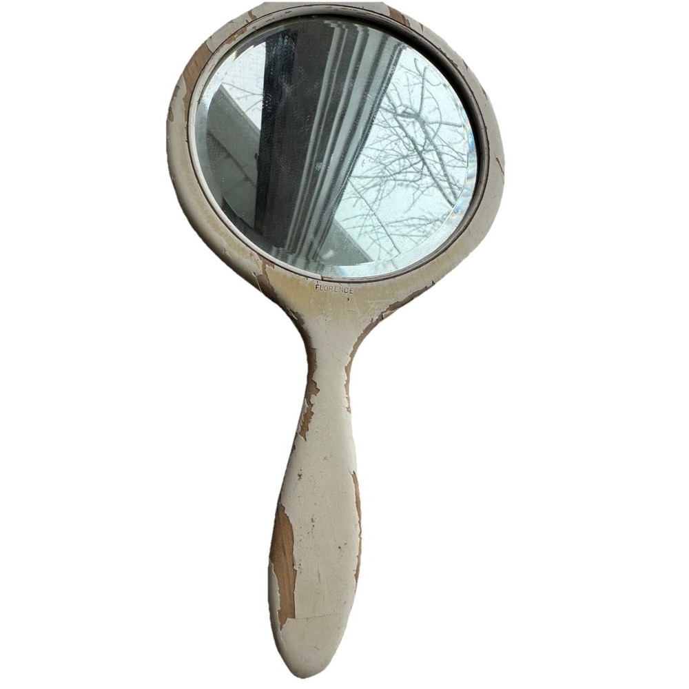 VTG‎ Wooden Vanity Mirror by Florence Rustic Distressed Beveled Glass Farmhouse